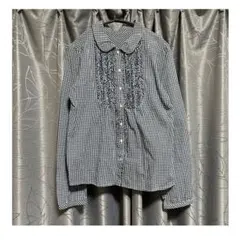 【春物】ギンガムチェック フリルブラウス 丸襟 コットン 長袖