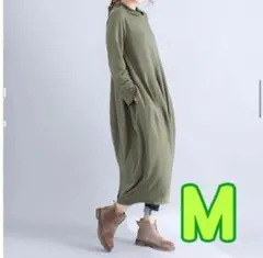 カジュアルワンピース　ゆったり切り替えワンピ　カーキ　体型カバー