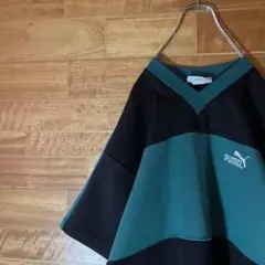 プーマ　リンガーネック　Vネック　刺繍　バックログ　Tシャツ　緑　黒　L〜XL