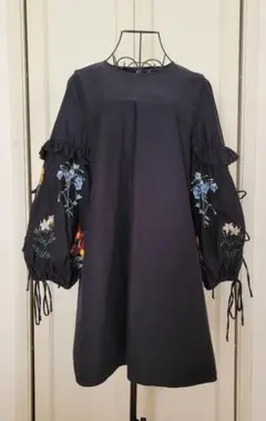 ZARA 花柄刺繍 フリル袖 ミニワンピース 黒