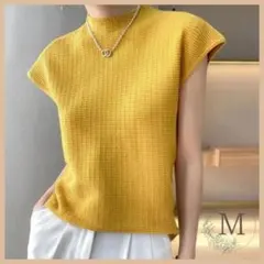 サマーニット M イエロー 半袖 フレンチスリーブ ハーフタートルネック