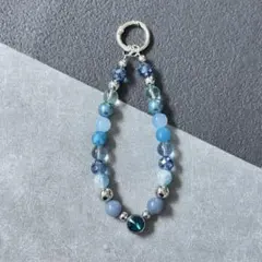 ハンドメイド　ビーズストラップ　スマホキーホルダー　キーリング　ブルー