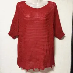 半袖ニットトップス レッド 赤 サマーニット ドルマンスリーブ