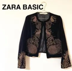 ZARA BASIC ベルベット ノーカラージャケット ビーズ 刺繍 黒　Sのサムネイル