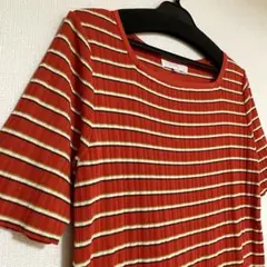 【美品】grove＊マルチボーダー半袖リプニット•M•オレンジ•スクエアネックのサムネイル