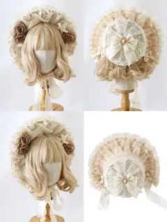 新品クリーム色 高品質フリルレース ハーフボンネット サイズフリー