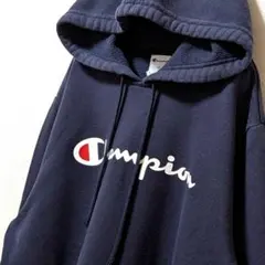 チャンピオン ロゴ スウェットパーカー ネイビー 紺色 L 古着