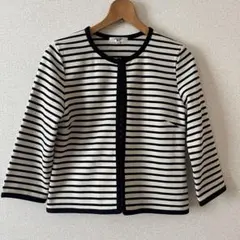 ボーダー ノーカラージャケット きれいめ 七分袖 オフホワイト×ブラック