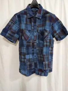 【美品】ナノユニバース パッチワーク風 半袖チェックシャツ M ブルー系