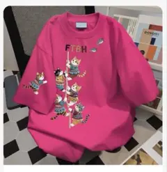 猫柄 プリント Tシャツ ピンク 半袖 サイズ：3XL 綿：100%