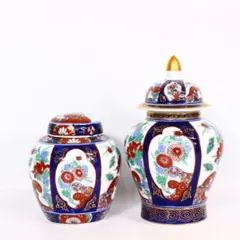 有田焼 秀峰 色絵 花鳥波図 蓋付き壺 飾り壺 金彩 陶磁器 2点セット 飾り壷