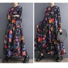 ロング　シャツワンピース　長袖　ビビットカラー　体型カバー　総柄　動物　フラワー