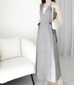 グレー Vネック マキシドレス