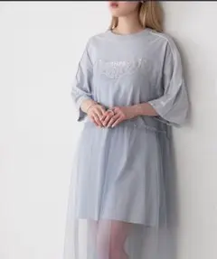 【forksy.】袖ライン チュールレイヤード 半袖ワンピース