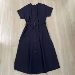 ViS　洗える　半袖　ロング　シャツワンピース　ネイビー　FREE