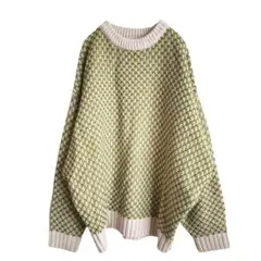 2414 美品 配色ニット プルオーバー 長袖 グリーン×アイボリー M