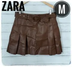 【ZARA】Mサイズ ブラウン レザー風 プリーツ ミニスカート ベルト付き