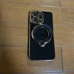 iPhone15proMaxケース 黒 ゴールドリング付き