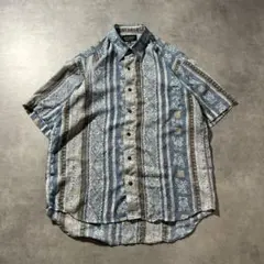 ヴィンテージ ブルー 総柄 幾何学 レトロ アートパターン デザイン シャツ