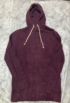H&M L.O.G.Gバーガンディ ケーブルニット フード付きパーカー Mサイズ