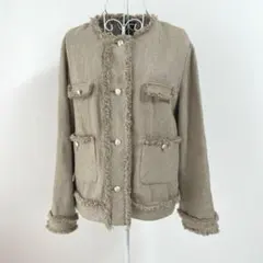 レサージュ　ノーカラー リネン100% ジャケット　フリンジ　ベージュのサムネイル
