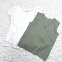 美品 エフデ ブラウス タンクトップ 2点セット レース プリーツ ラメ Mのサムネイル