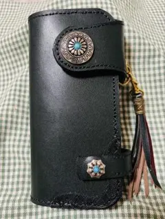 ハンドメイド】本革 三つ折り財布 クロコ型押し グリーン／ターコイズ