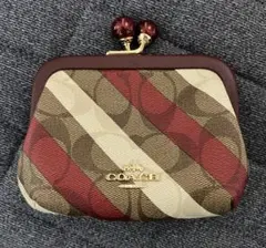 COACH がま口財布　赤　コインケース　シグネチャー　コーチ　ストライプ
