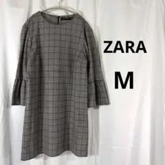 ZARA ザラ グレンチェック ワンピース M ベルスリーブ フリル袖 赤ライン