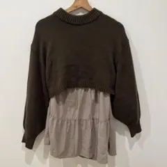 バックリボンショートニット　ティアードチュニック　セット　ブラウン