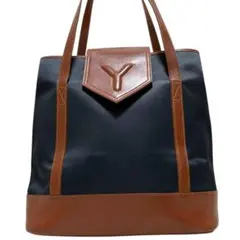 YSL イヴサンローラン レザー×ナイロン トートバッグ 紺