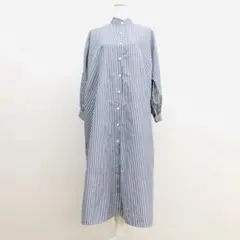 未使用 Ada. バンドカラー 長袖 シャツ ロング ワンピース 青 白