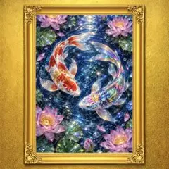 虹彩双鯉睡蓮 錦鯉 開運絵画 アート 金運 招福 風水 スピリチュアル 御守り