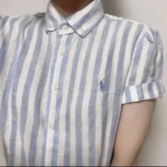 涼しげカラー♡ラルフローレン　ワンポイント刺繍ストライプ半袖ブラウスアイスブルー