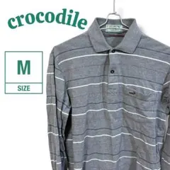 【ヴィンテージ】crocodile グレー ストライプ Mサイズ 長袖ポロシャツ