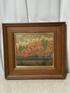 Japanese painting, autumn landscape, with wooden frame. Artwork, interior decoration.