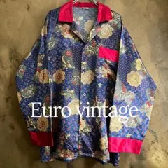 ユーロヴィンテージ 開襟 スリーピングシャツ アート総柄 パジャマ 古着 奇抜Lのサムネイル