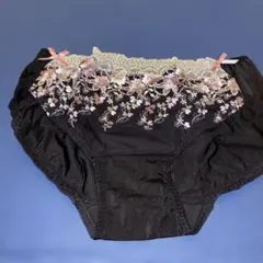 黒 ピンク花柄刺繍 リボン付きショーツ　4L