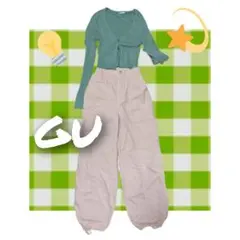 GU グリーンリブニットとピンクのワイドパンツセット S