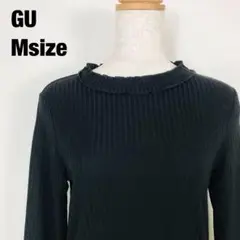GU ジーユー リブ フリルネック カットソー ブラック I4