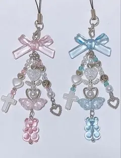 ビーズキーホルダー ビーズストラップ y2k コレクトブック チャームピンク水色