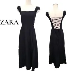 ZARA　リネンブレンド　ロングワンピース　後ろレースアップ　スリット入り