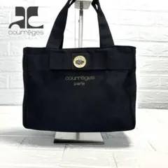 未使用級 Courreges トートバッグ 黒 ロゴ金具 リボン 保護シール有り