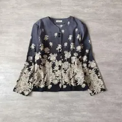 80s 昭和レトロ ノーカラージャケット M 花柄 くるみボタン レトロモダンのサムネイル