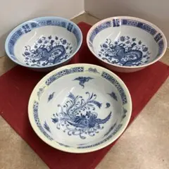 青いドラゴン模様の陶器丼3個セットラーメン丼