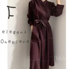 ボルドー　シャツワンピース　羽織　ロングワンピース　ウエストベルト　エレガント