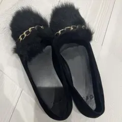 チェーン付きスエードエコファーパンプス 24.5 黒 ブラック グレイル GRL