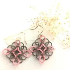 タティングレースのピアス（ピンク×ブラウン◇）