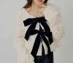 SALON by Chico 2wayフロントリボン配色カーディガン アイボリー