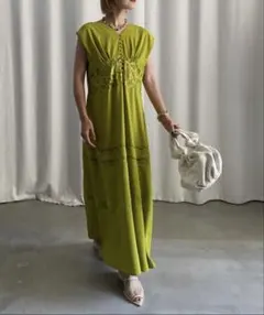 ヨクスカットワークレース刺繍コットンロングワンピース緑グリーン 
